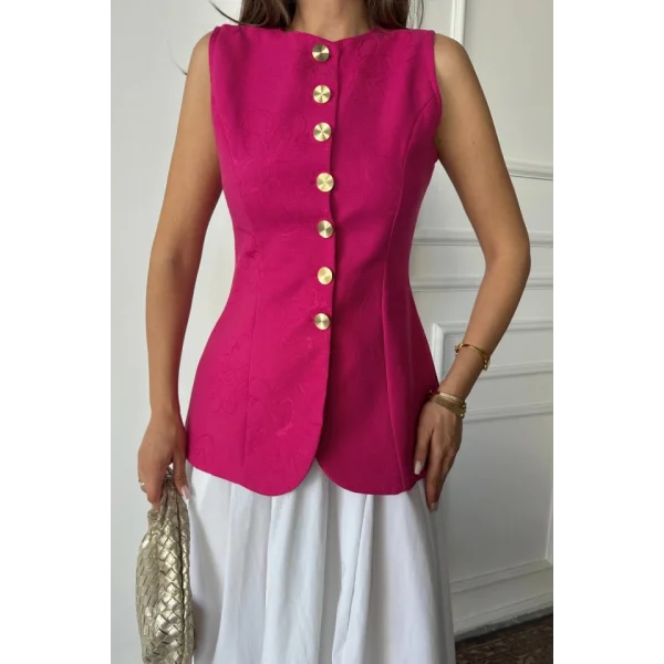JAKAR KETEN YELEK BELDEN OTURTMALI GOLD DÜĞMELİ - Fuşya