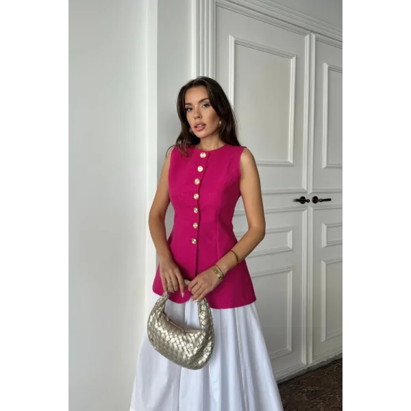 JAKAR KETEN YELEK BELDEN OTURTMALI GOLD DÜĞMELİ - Fuşya