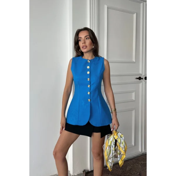 JAKAR KETEN YELEK BELDEN OTURTMALI GOLD DÜĞMELİ - Mavi