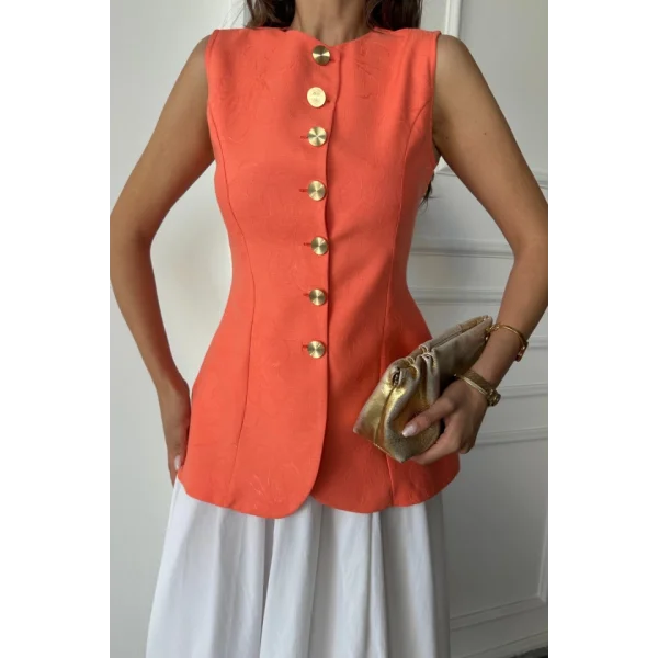 JAKAR KETEN YELEK BELDEN OTURTMALI GOLD DÜĞMELİ - Orange