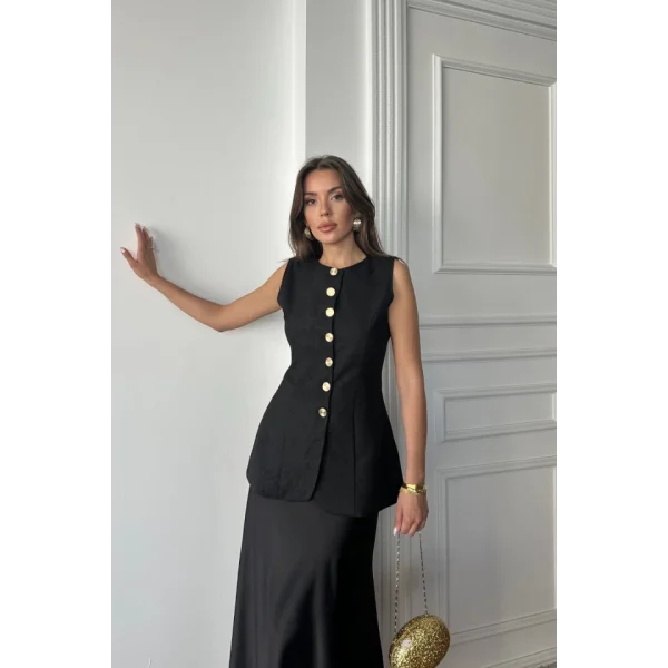 JAKAR KETEN YELEK BELDEN OTURTMALI GOLD DÜĞMELİ - Siyah