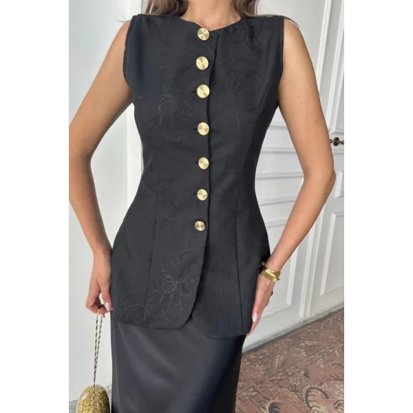 JAKAR KETEN YELEK BELDEN OTURTMALI GOLD DÜĞMELİ - Siyah