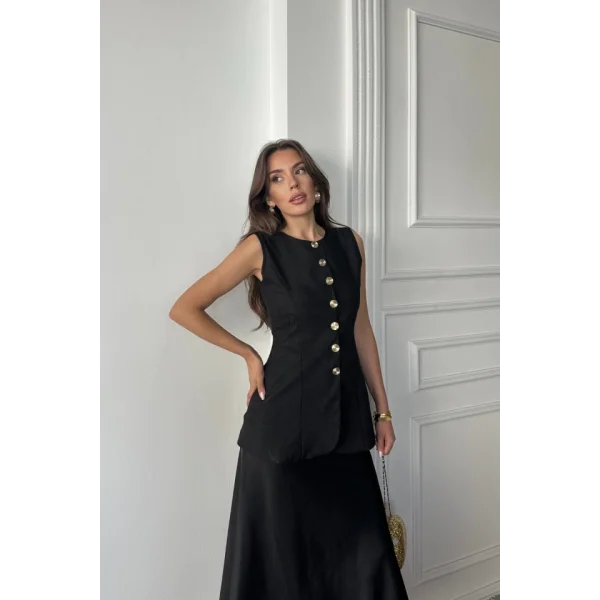 JAKAR KETEN YELEK BELDEN OTURTMALI GOLD DÜĞMELİ - Siyah