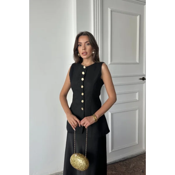 JAKAR KETEN YELEK BELDEN OTURTMALI GOLD DÜĞMELİ - Siyah