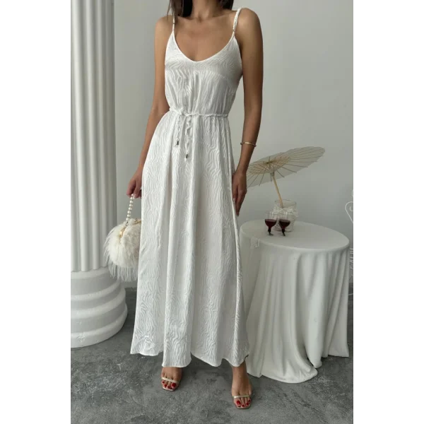 JAKAR SATEN DEGAJE ASKILI ELBİSE İP KEMERLİ - Beyaz