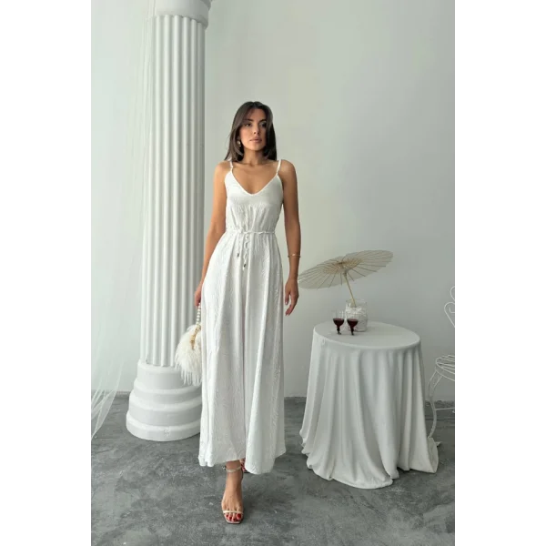 JAKAR SATEN DEGAJE ASKILI ELBİSE İP KEMERLİ - Beyaz