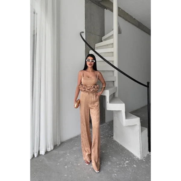 JAKARLI BLUZU TASARIM DETAYLI CEKET-PANTOLON-BLUZ 3 LÜ TAKIM - Bej