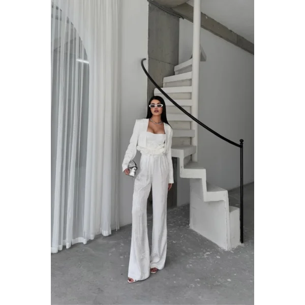 JAKARLI BLUZU TASARIM DETAYLI CEKET-PANTOLON-BLUZ 3 LÜ TAKIM - Beyaz