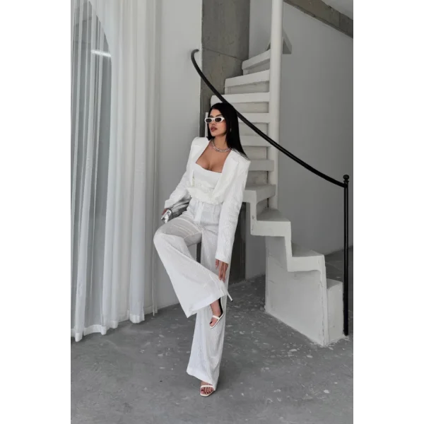 JAKARLI BLUZU TASARIM DETAYLI CEKET-PANTOLON-BLUZ 3 LÜ TAKIM - Beyaz