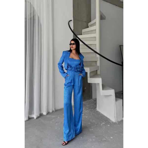 JAKARLI BLUZU TASARIM DETAYLI CEKET-PANTOLON-BLUZ 3 LÜ TAKIM - Mavi