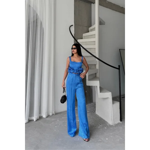 JAKARLI BLUZU TASARIM DETAYLI CEKET-PANTOLON-BLUZ 3 LÜ TAKIM - Mavi