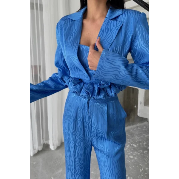 JAKARLI BLUZU TASARIM DETAYLI CEKET-PANTOLON-BLUZ 3 LÜ TAKIM - Mavi