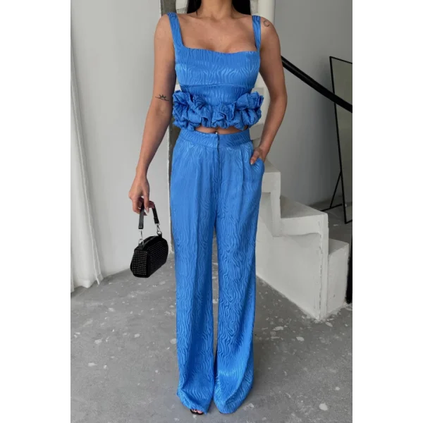 JAKARLI BLUZU TASARIM DETAYLI CEKET-PANTOLON-BLUZ 3 LÜ TAKIM - Mavi