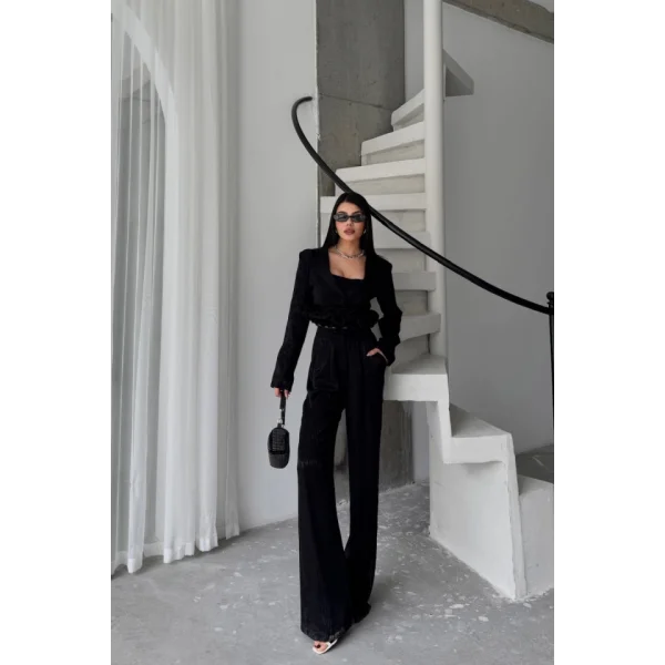 JAKARLI BLUZU TASARIM DETAYLI CEKET-PANTOLON-BLUZ 3 LÜ TAKIM - Siyah