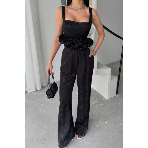 JAKARLI BLUZU TASARIM DETAYLI CEKET-PANTOLON-BLUZ 3 LÜ TAKIM - Siyah