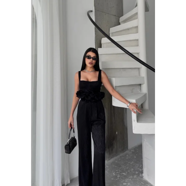 JAKARLI BLUZU TASARIM DETAYLI CEKET-PANTOLON-BLUZ 3 LÜ TAKIM - Siyah