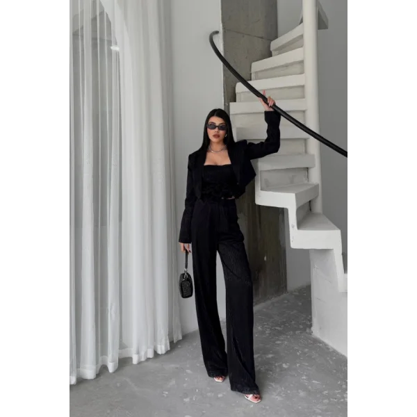 JAKARLI BLUZU TASARIM DETAYLI CEKET PANTOLON VE BLUZ 3 LÜ TAKIM