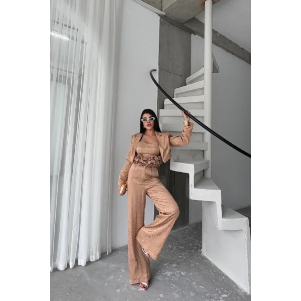 JAKARLI BLUZU TASARIM DETAYLI CEKET PANTOLON VE BLUZ 3 LÜ TAKIM