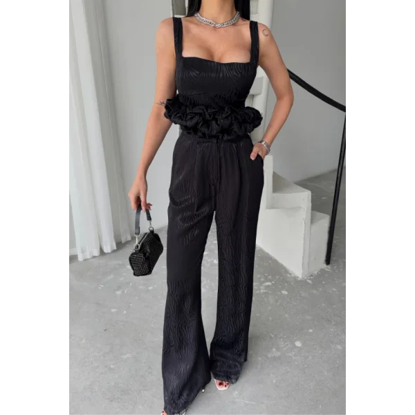 JAKARLI BLUZU TASARIM DETAYLI CEKET PANTOLON VE BLUZ 3 LÜ TAKIM