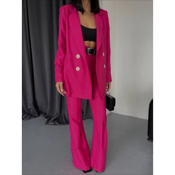 JAKARLI CEKET - PİLE DETAYLI PANTOLON TAKIM - Fuşya
