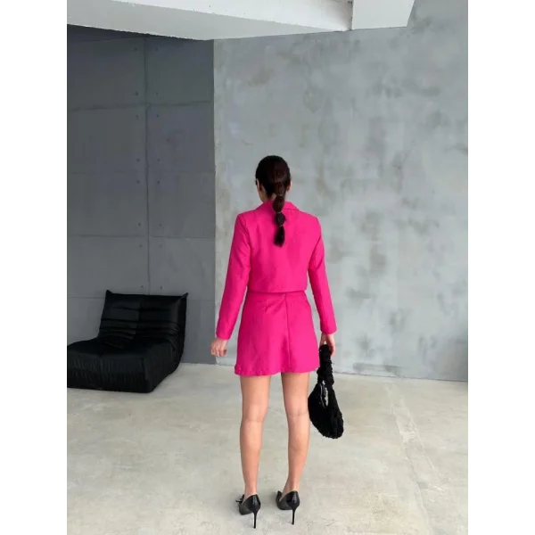 JAKARLI CROP CEKET-KISA ETEK KAPALI PİLE METAL KEMER DETAYLI - Fuşya