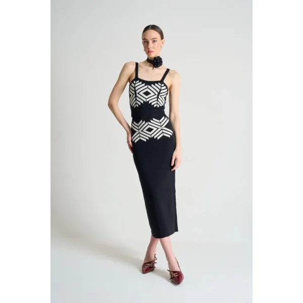 Jakarlı İnce Askılı  Triko Takım  SiyahBeyaz Kayısı