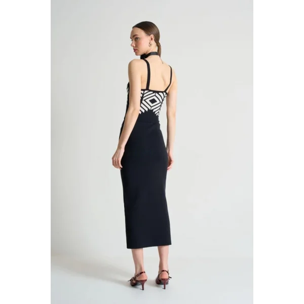 Jakarlı İnce Askılı  Triko Takım  SiyahBeyaz Kayısı