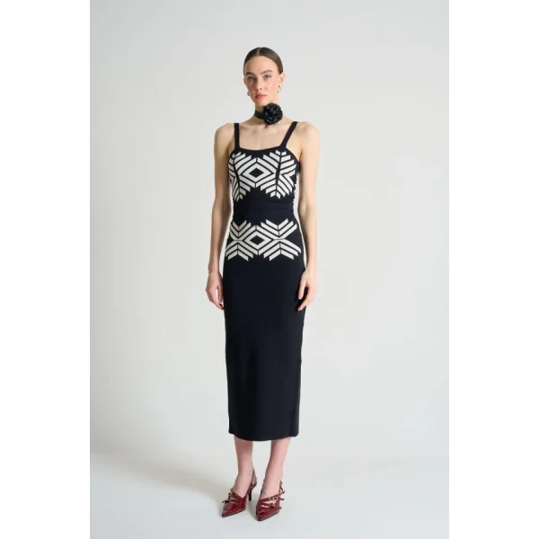 Jakarlı İnce Askılı  Triko Takım  SiyahBeyaz Kayısı