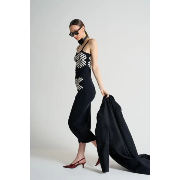 Jakarlı İnce Askılı  Triko Takım  SiyahBeyaz Kayısı