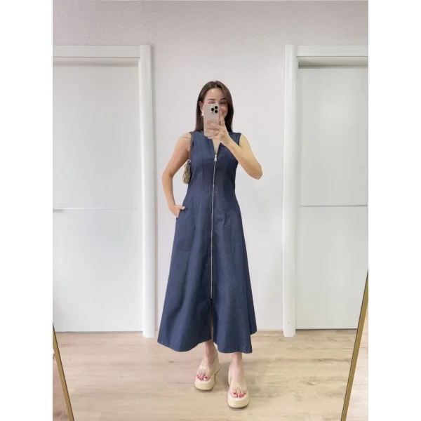 Jeans Kot Önü Tam Fermuarlı Kadın Uzun Elbise - Mavi