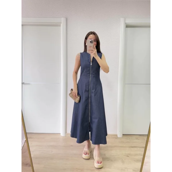 Jeans Kot Önü Tam Fermuarlı Kadın Uzun Elbise - Mavi