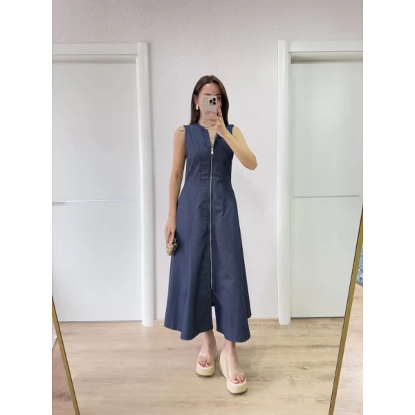 Jeans Kot Önü Tam Fermuarlı Kadın Uzun Elbise - Mavi