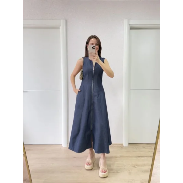 Jeans Kot Önü Tam Fermuarlı Uzun Elbise - Mavi