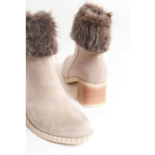 JULIA Fermuarlı Ortopedik Taban Tüylü Topuklu Süet Kadın Bot SKT - Krem