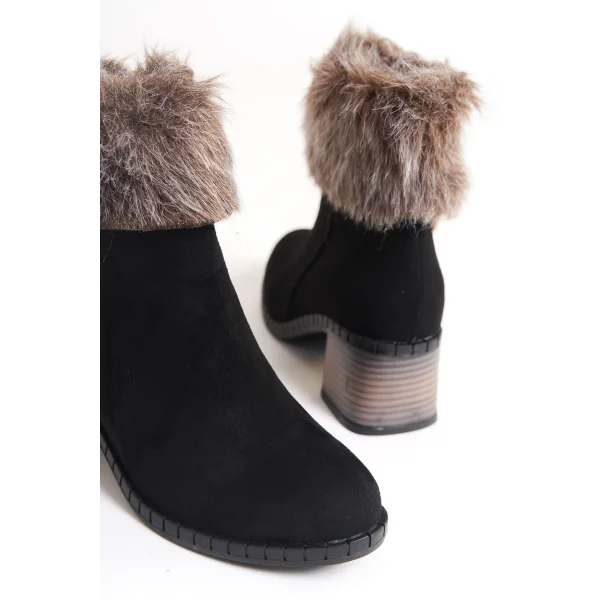 JULIA Fermuarlı Ortopedik Taban Tüylü Topuklu Süet Kadın Bot  SST - Siyah