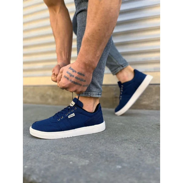 JY0118 REX Bağcıklı Keten Kumaş Erkek Günlük Sneaker Ayakkabı KBT - Lacivert