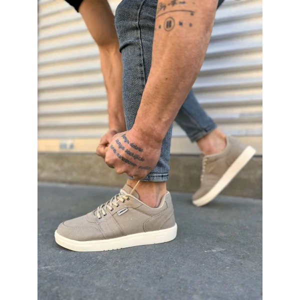 JY0118 REX Bağcıklı Keten Kumaş Erkek Günlük Sneaker Ayakkabı KKT - Bej