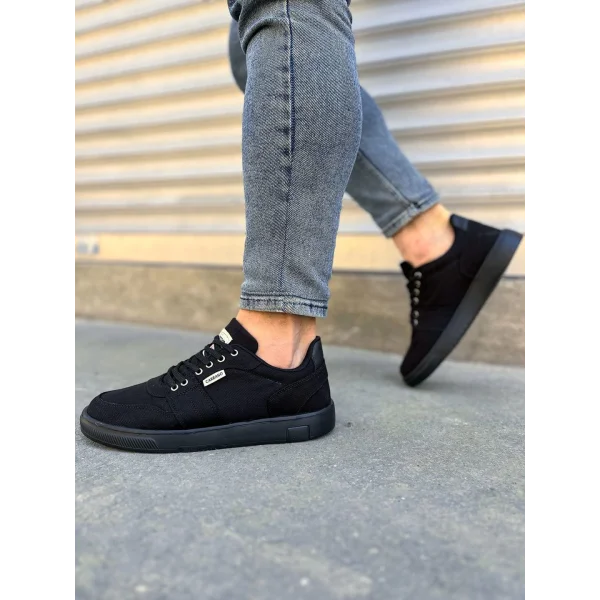 JY0118 REX Bağcıklı Keten Kumaş Erkek Günlük Sneaker Ayakkabı KST - Siyah