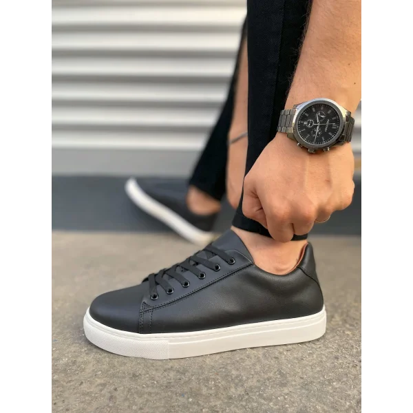 JY122 Mode Bağcıklı Cilt Erkek Günlük Sneaker Ayakkabı CBT - Siyah