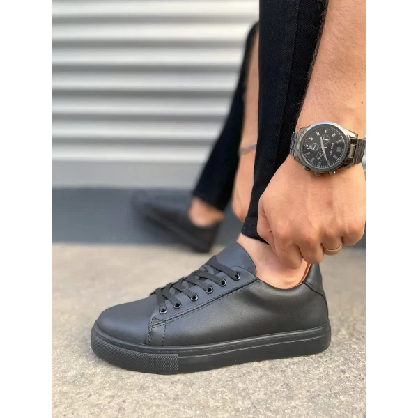 JY122 Mode Bağcıklı Cilt Erkek Günlük Sneaker Ayakkabı CST - Siyah