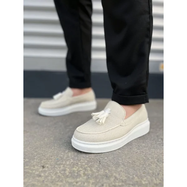 JY154 Blaze Bağcıksız Püsküllü Keten Erkek Günlük Spor Klasik Ayakkabı KBT - Beyaz