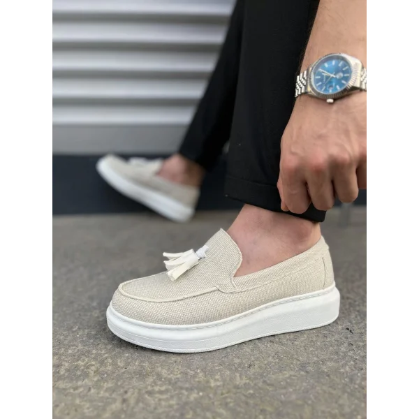 JY154 Blaze Bağcıksız Püsküllü Keten Erkek Günlük Spor Klasik Ayakkabı KBT - Beyaz