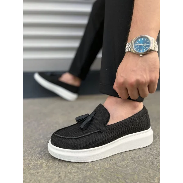 JY154 Blaze Bağcıksız Püsküllü Keten Erkek Günlük Spor Klasik Ayakkabı KBT - Siyah