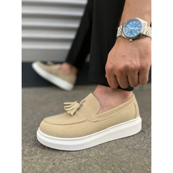 JY154 Blaze Bağcıksız Püsküllü Süet Erkek Günlük Spor Klasik Ayakkabı SBT - Krem