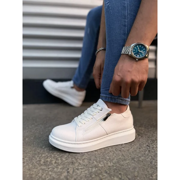 JY155 Warrior Bağcıklı ve Fermuarlı Cilt Erkek Günlük Sneaker Ayakkabı CBT - Beyaz