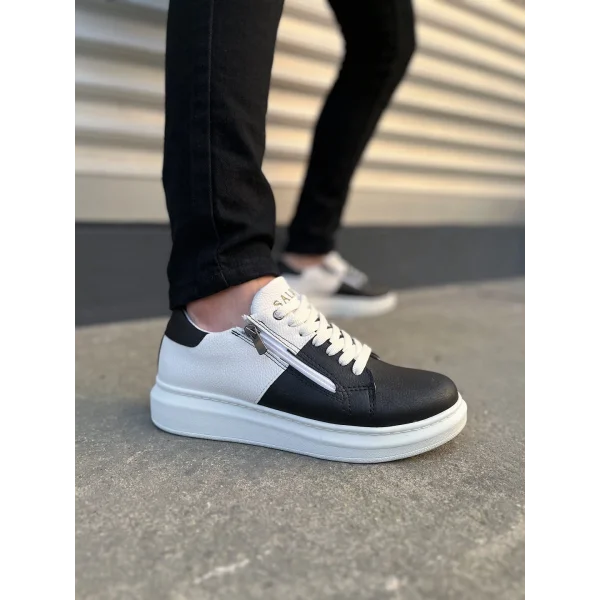 JY155 Warrior Bağcıklı ve Fermuarlı Cilt Erkek Günlük Sneaker Ayakkabı CBT - Beyaz/Siyah