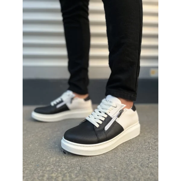 JY155 Warrior Bağcıklı ve Fermuarlı Cilt Erkek Günlük Sneaker Ayakkabı CBT - Beyaz/Siyah