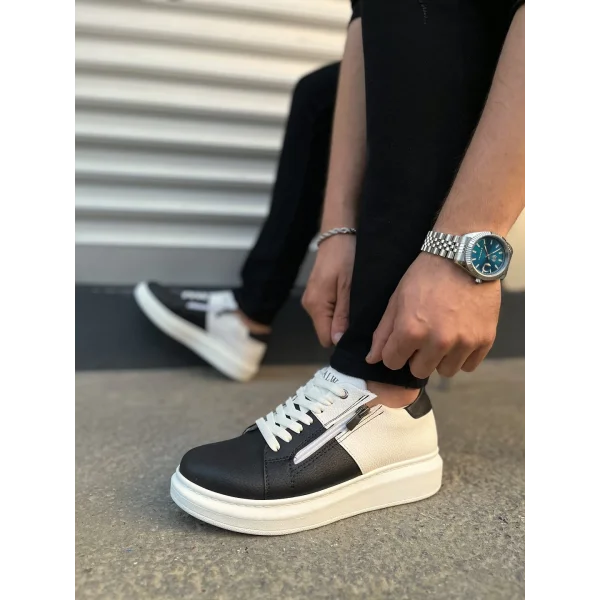 JY155 Warrior Bağcıklı ve Fermuarlı Cilt Erkek Günlük Sneaker Ayakkabı CBT - Beyaz/Siyah
