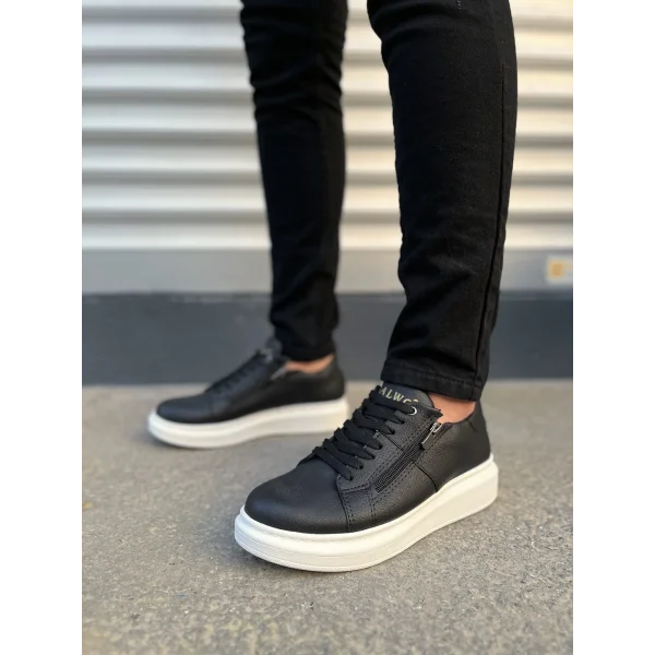 JY155 Warrior Bağcıklı ve Fermuarlı Cilt Erkek Günlük Sneaker Ayakkabı CBT - Siyah
