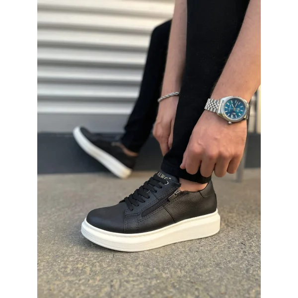 JY155 Warrior Bağcıklı ve Fermuarlı Cilt Erkek Günlük Sneaker Ayakkabı CBT - Siyah